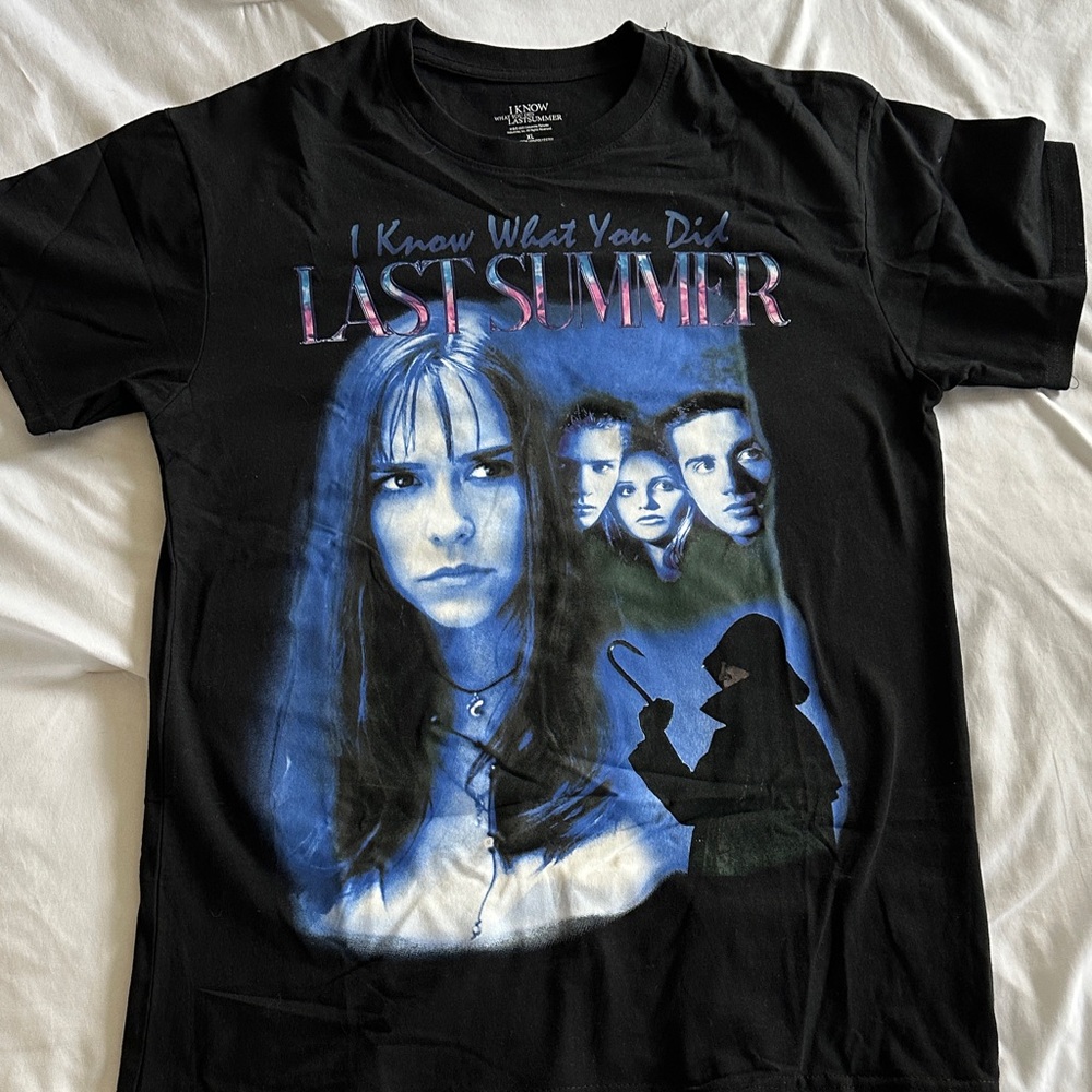 Black Graphic Tee with Blue and White Print